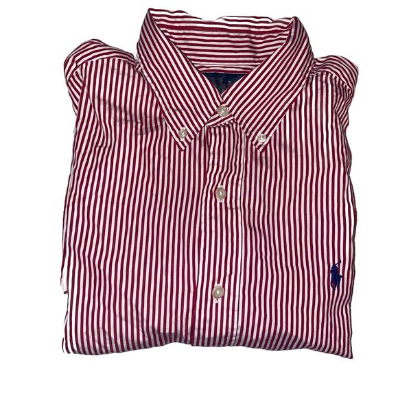 Ralph Lauren Shirt Men Size Medium Red‎ Stripe Button Short Sleeve Classic Fit - Picture 1 of 7